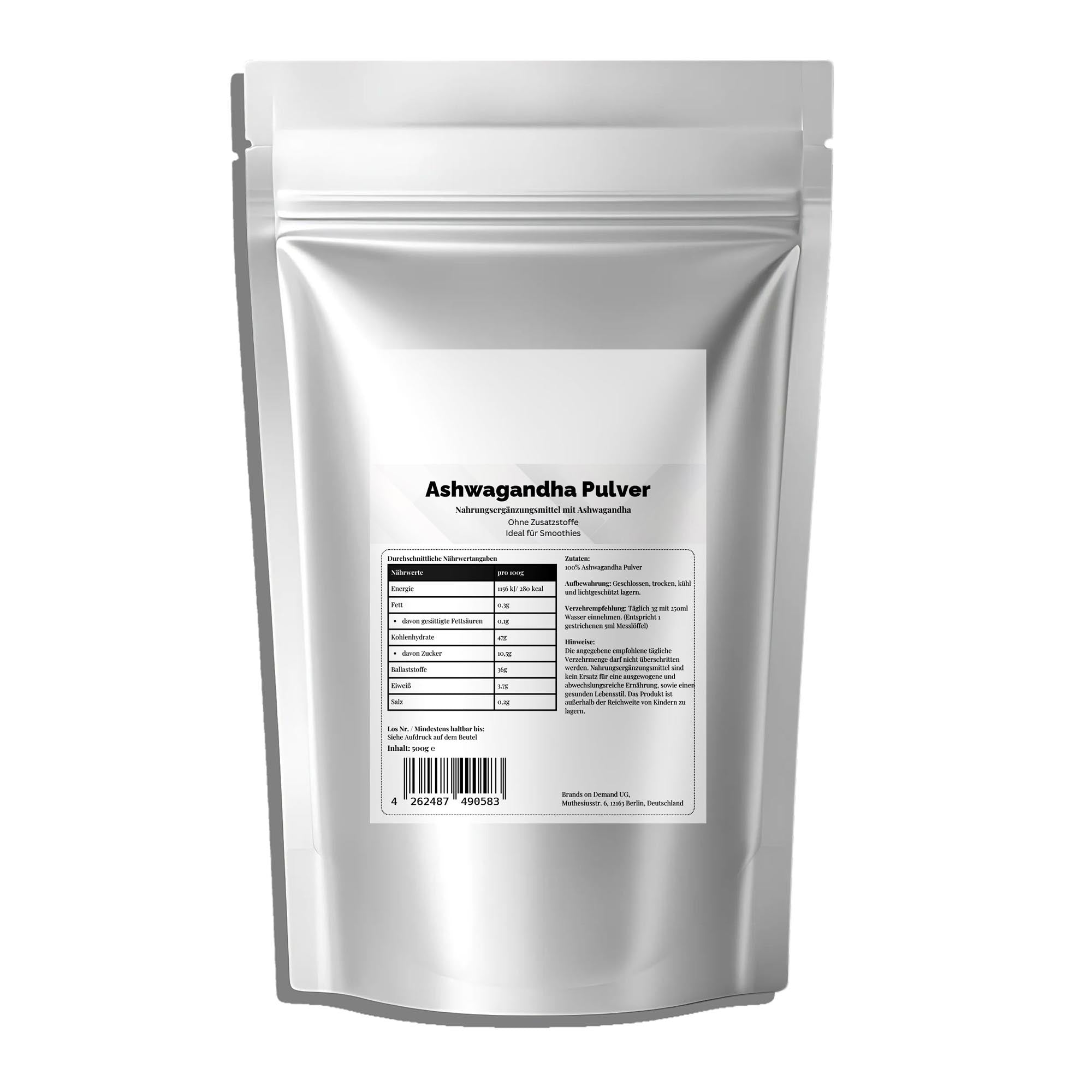 Embala prateada com ashwagandha em pó 500g da ChanceToBrand display da embalagem frontal